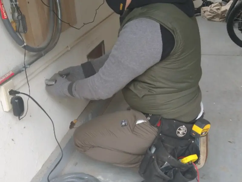 Electrician performing outlet wiring in a Central Falls garage
